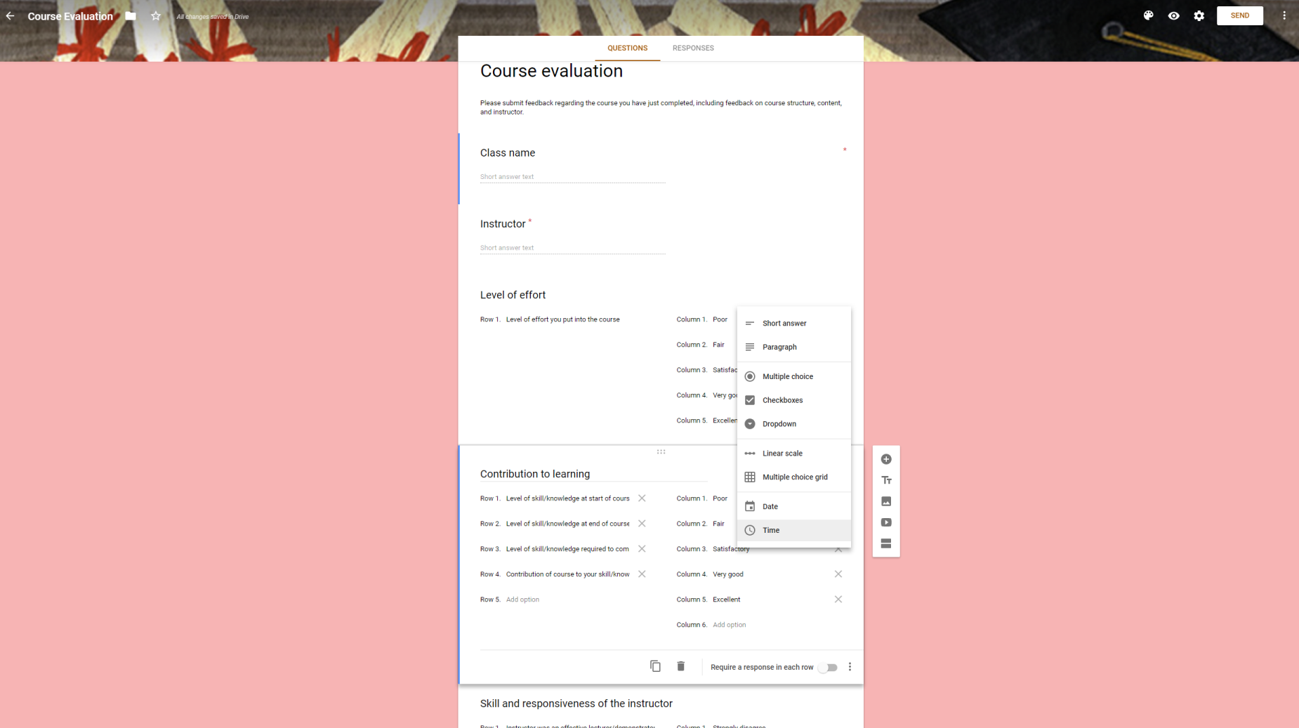 An image of a course evaluation created in Google Forms.