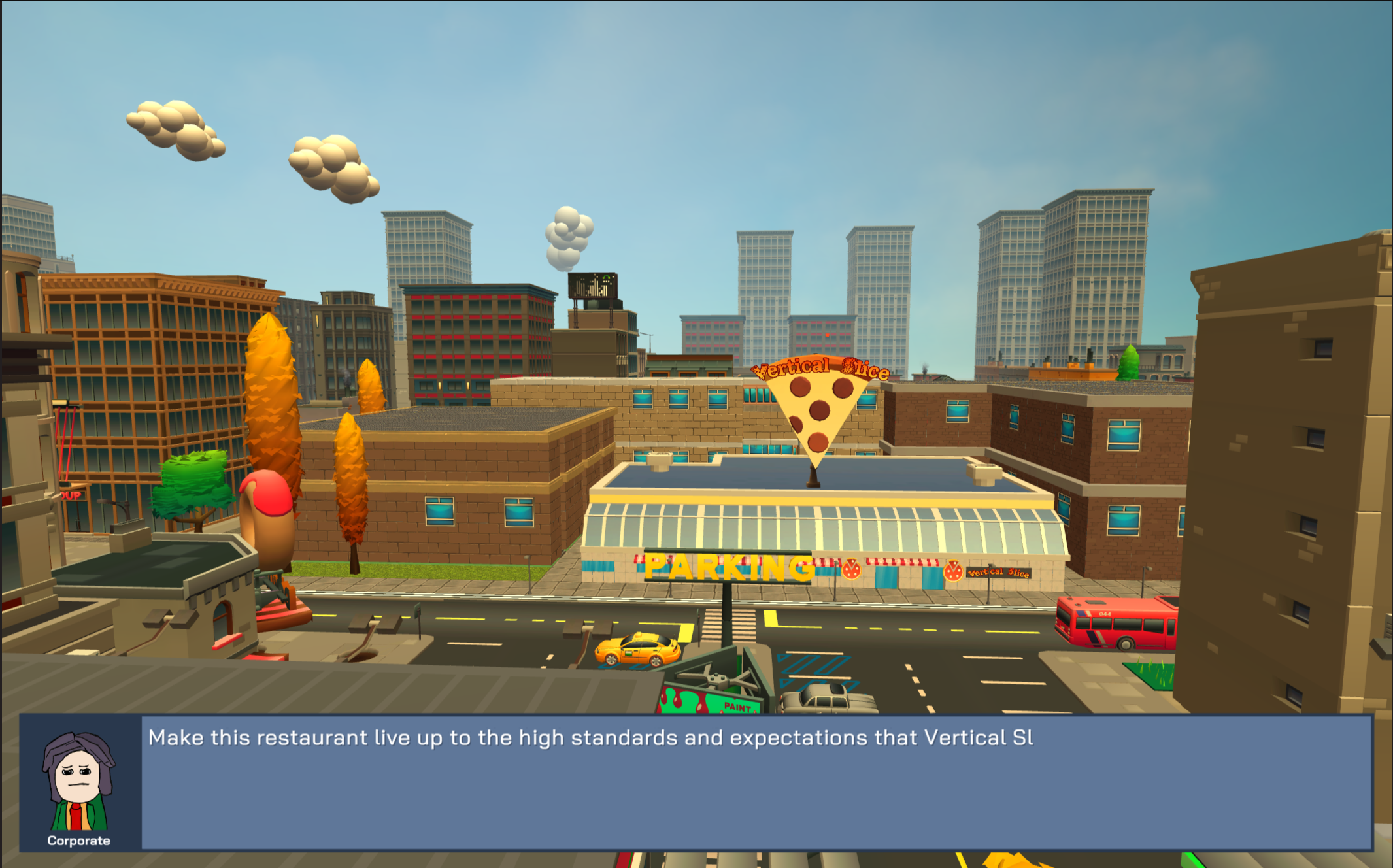 Aerial shot of the Vertical Slice restaurant from Wisdom Springboard's Serious Business video game.
