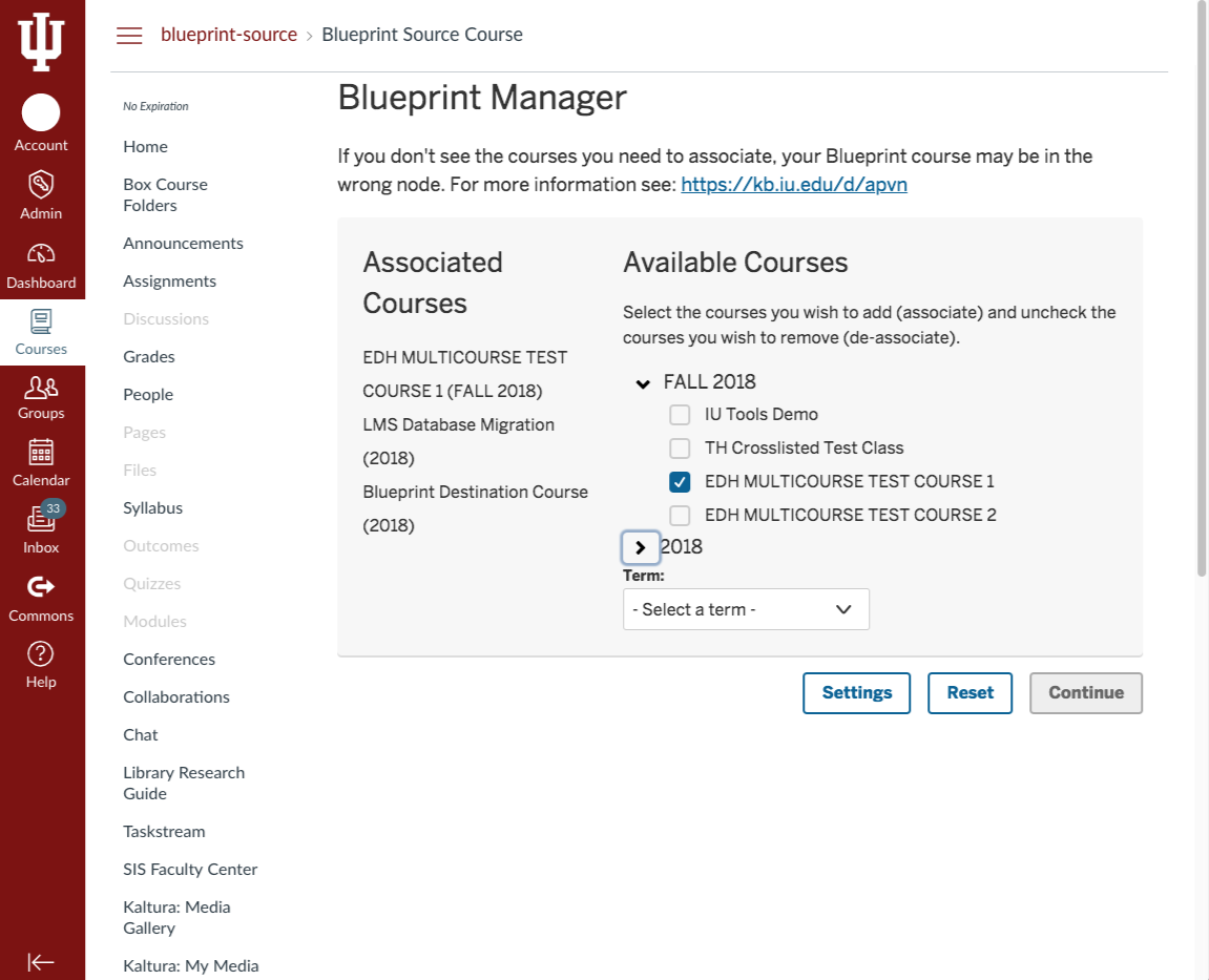 Image showing interface for associating courses with Blueprint course.