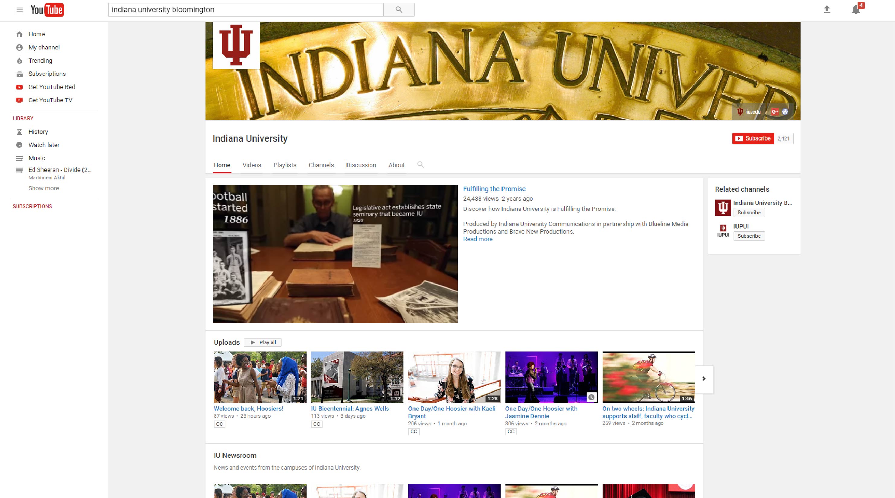 An image of Indiana University's official YouTube channel.