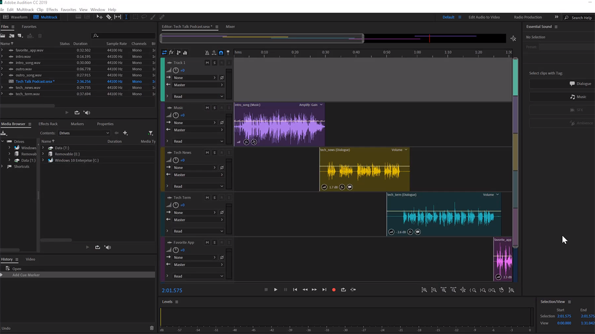 A screenshot of Adobe Audition, showing multiple tracks in the multitrack editing mode.