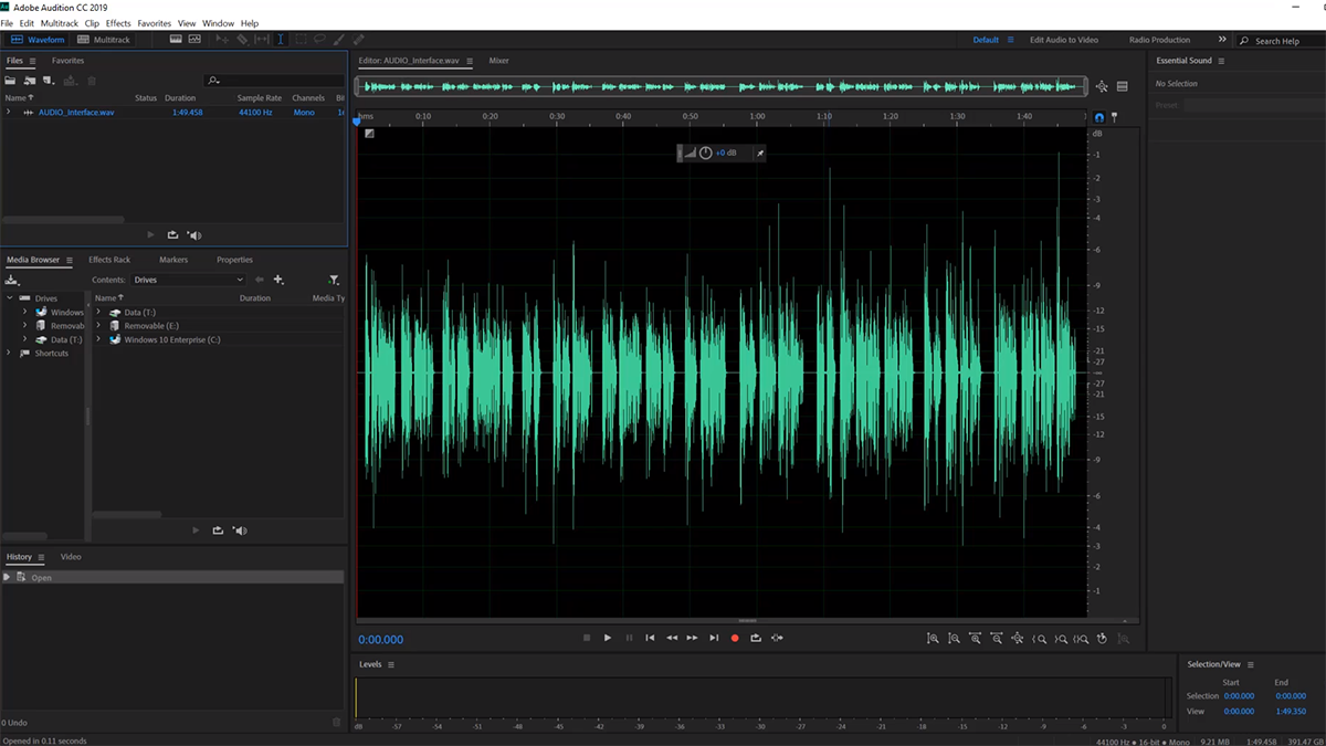 A screenshot of Adobe Audition, showing a single track's waveform.