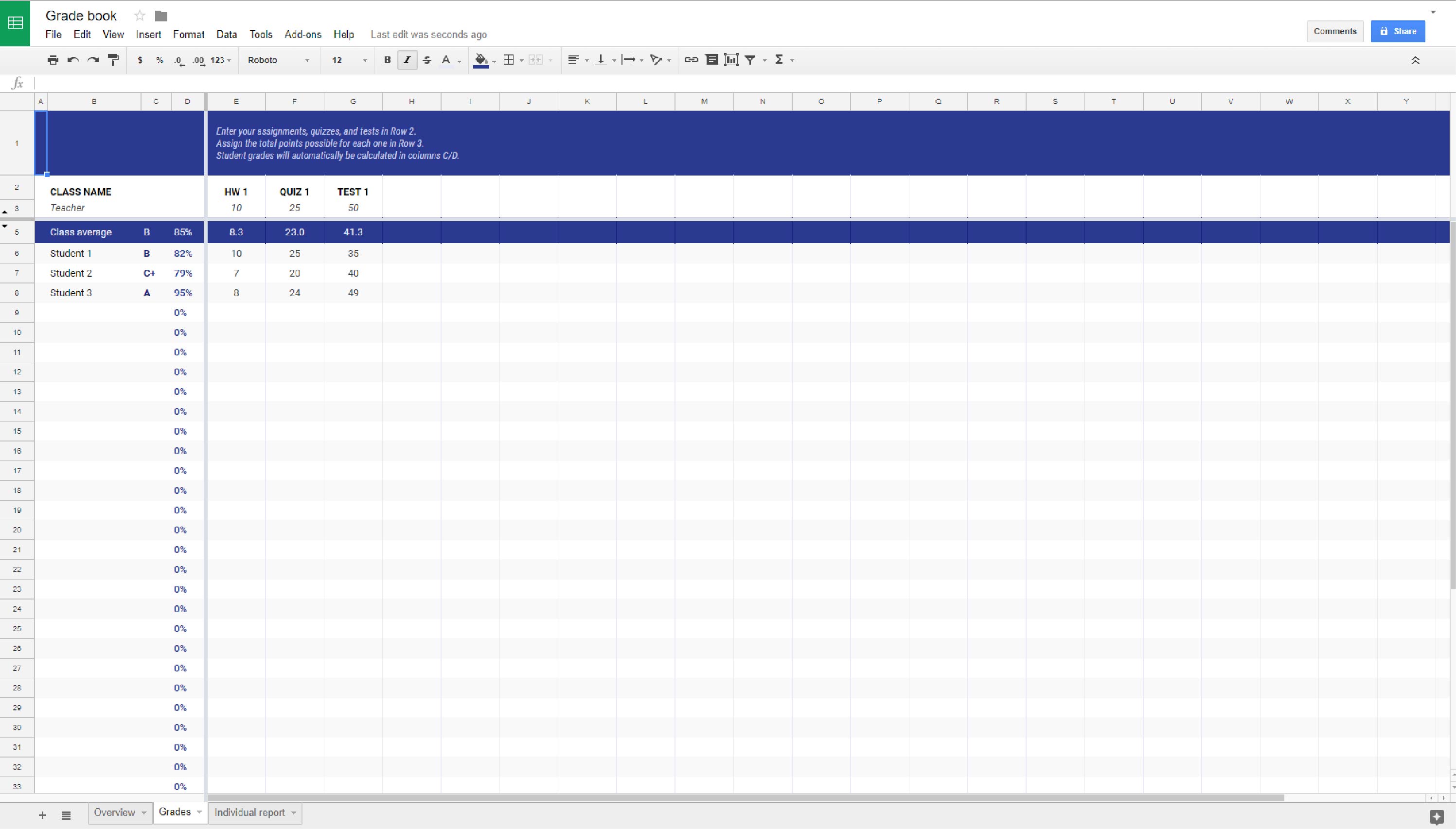 Image of a gradebook spreadsheet open in Google Sheets.