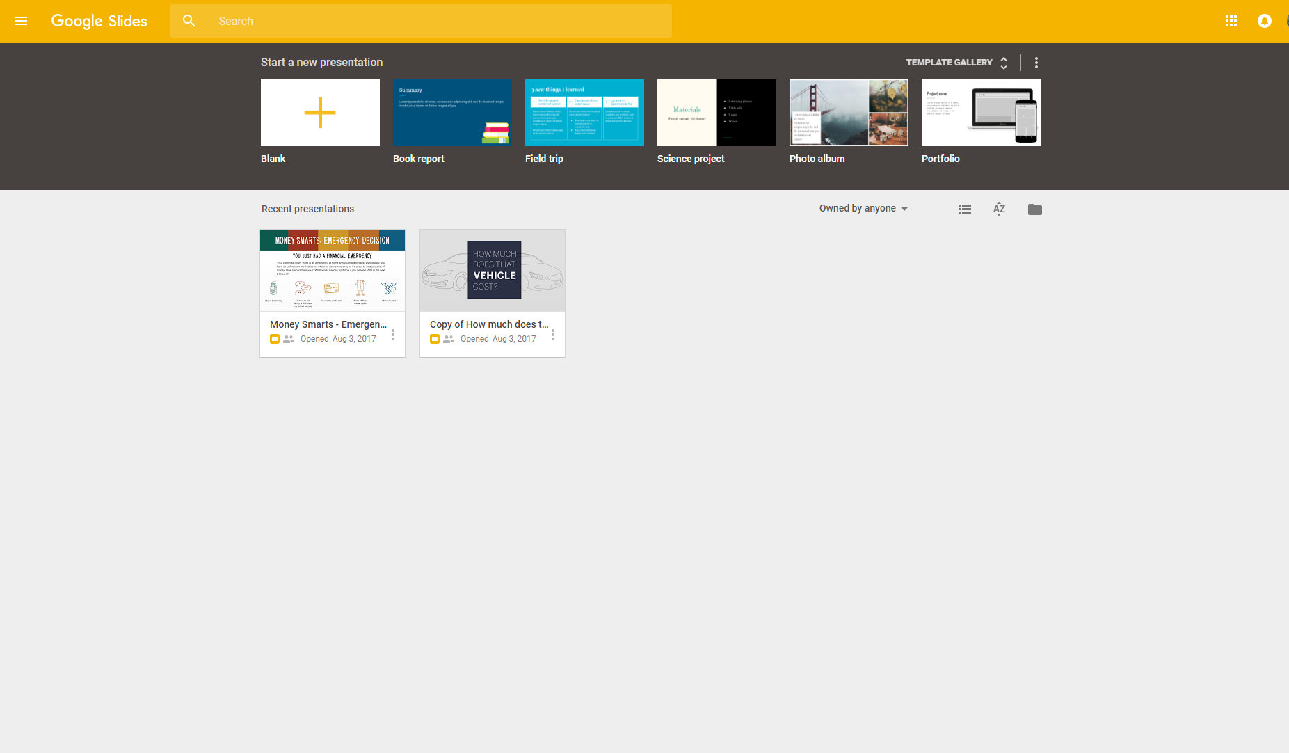 An image of a series of presentations saved and accessible in Google Slides.