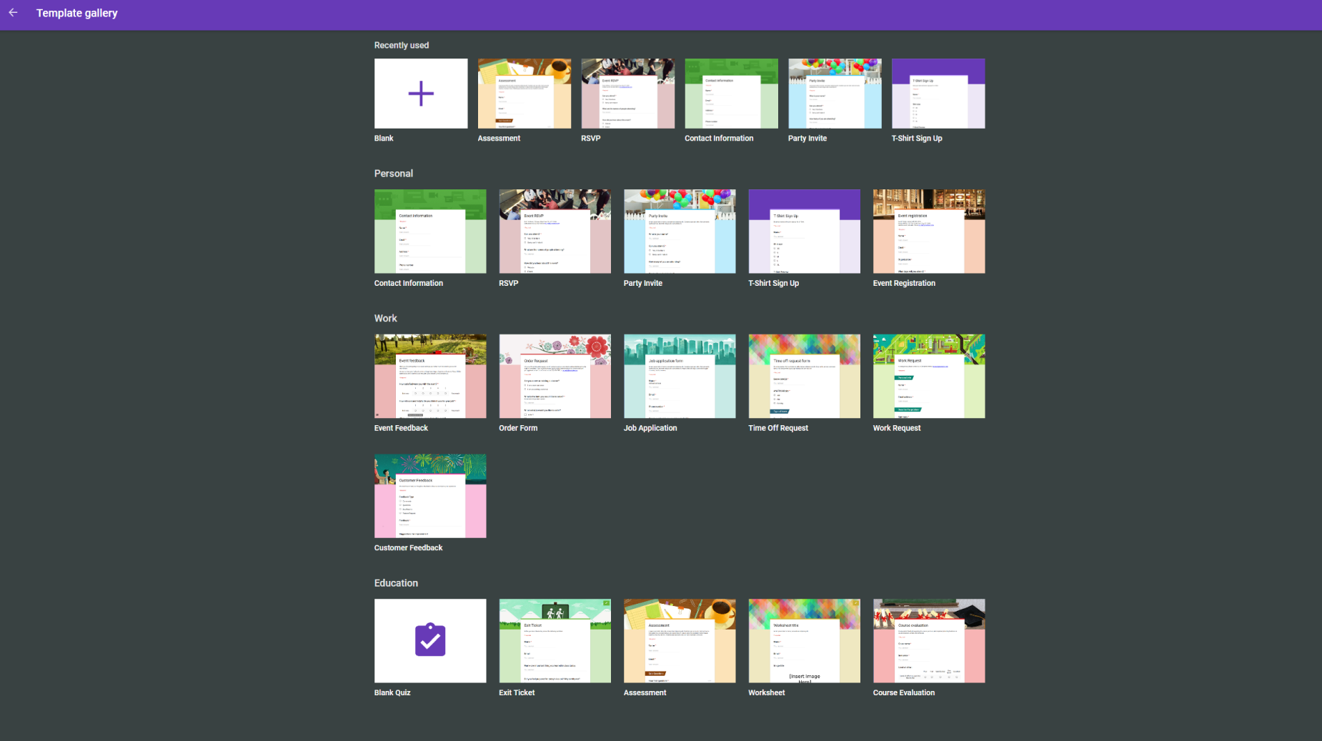 A view of a series of forms ready to be accessed in Google Forms.