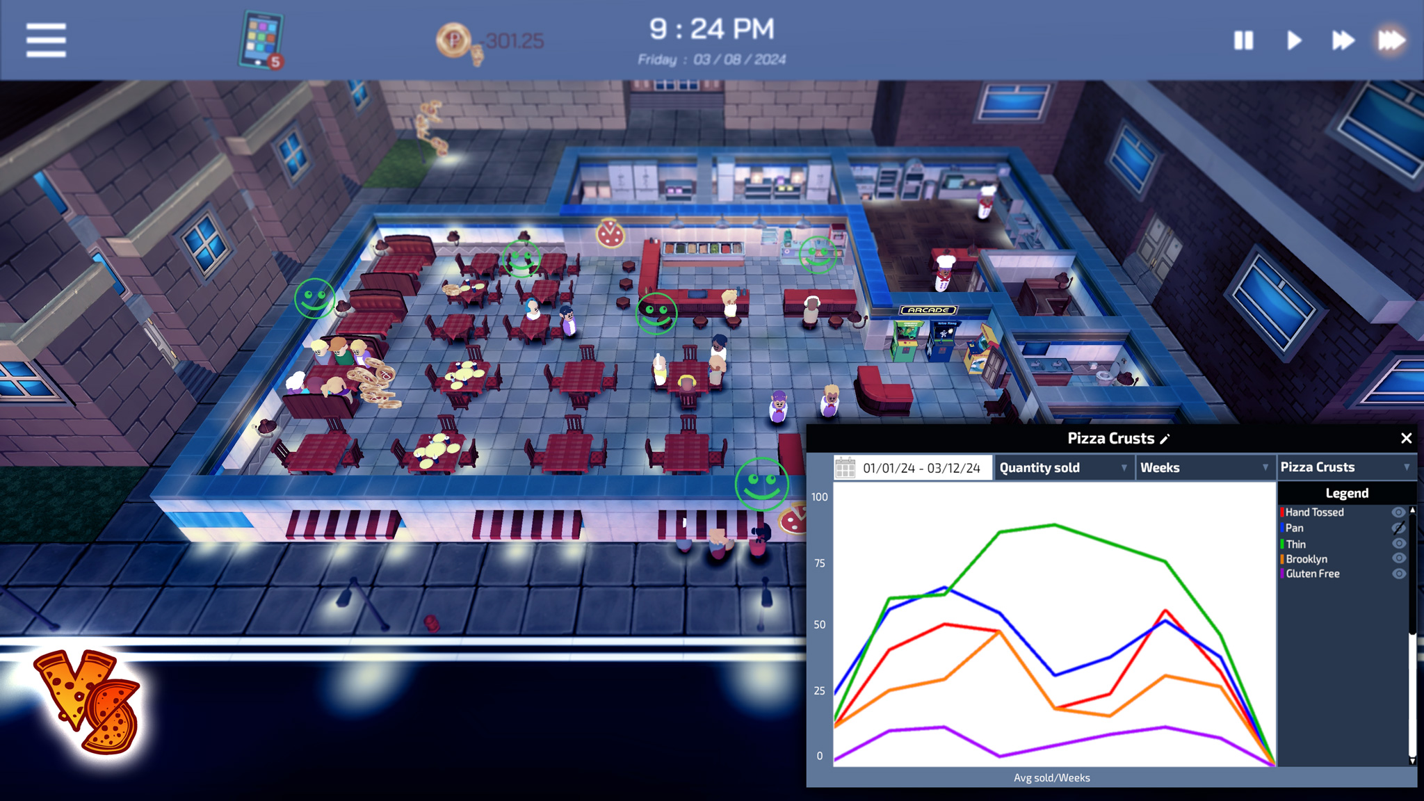 Indoor view of the Vertical Slice restaurant from Wisdom Springboard's Serious Business video game.